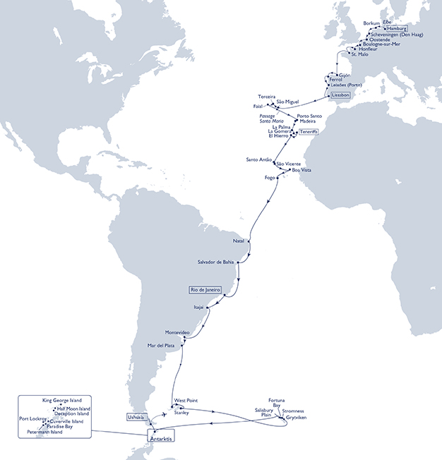 Plantours Routenkarte 64 Tage Von Hamburg in die Antarktis